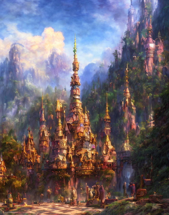 Fantasy landscape with ornate castle in mountain peaks