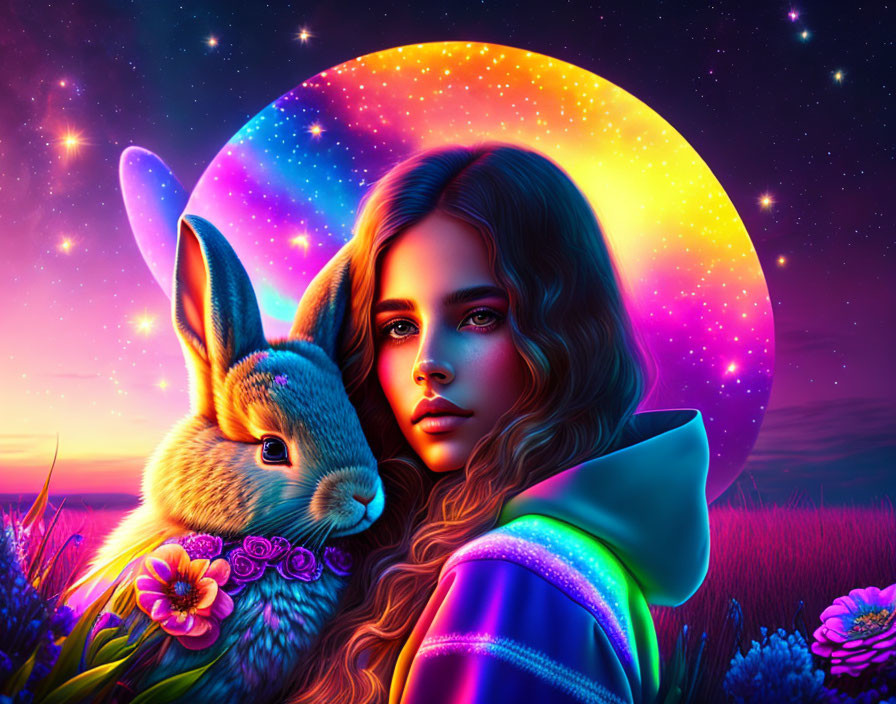 Digital artwork: Woman with rabbit in cosmic scene