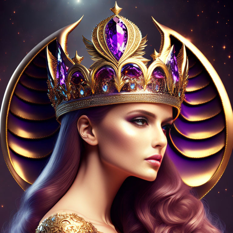 Fantasy woman with crown and halo, gold designs, purple gem, starry backdrop