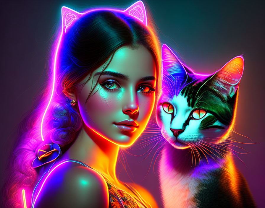 Colorful background with young woman and cat in neon outlines