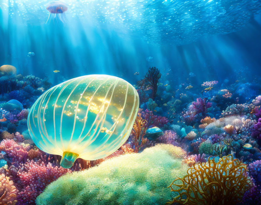 Translucent jellyfish above vibrant coral reef in underwater scene