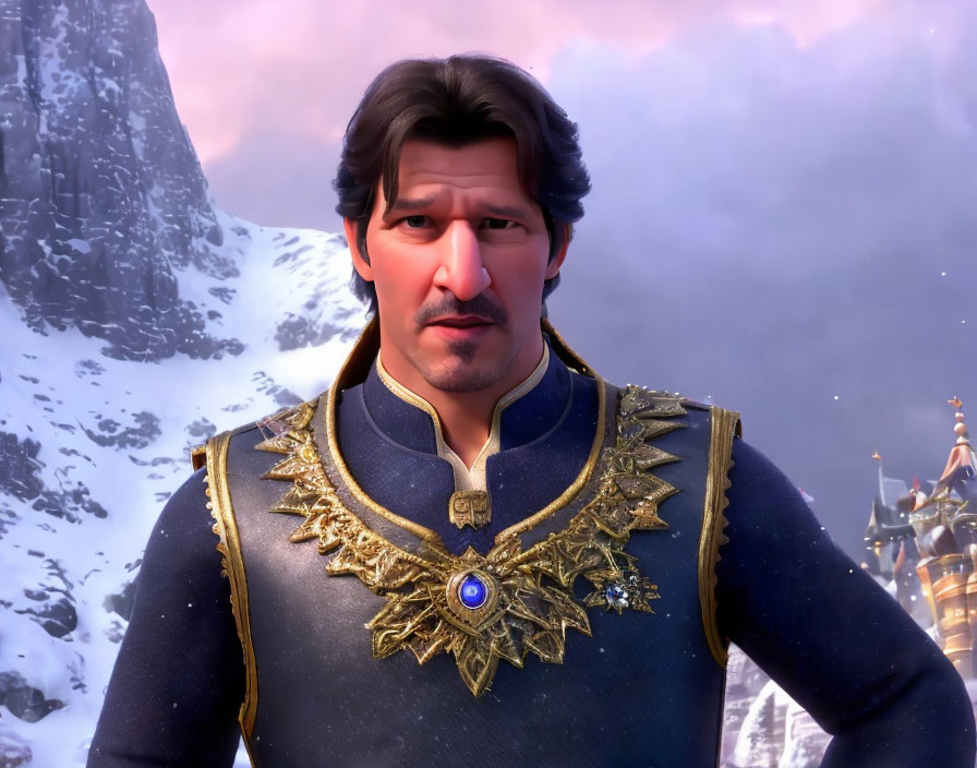 Male 3D-animated character with beard and mustache in royal blue and gold uniform in snowy