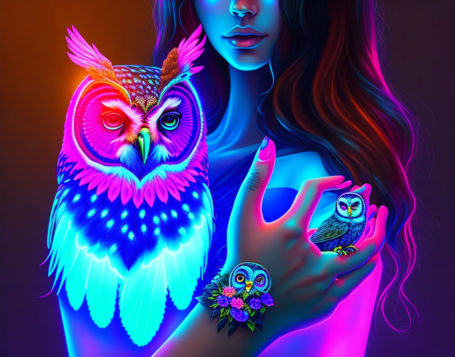 Colorful artwork: Woman with neon-lit hair holding luminous owl