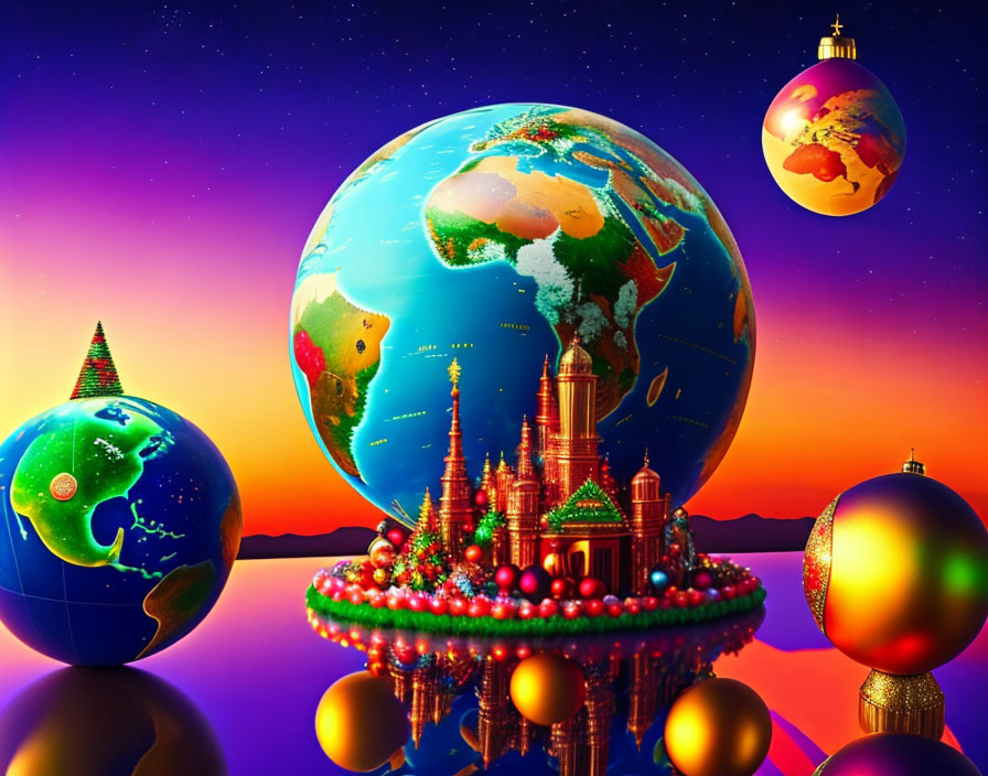 Festive Earth ornament with castle and baubles in starry sky