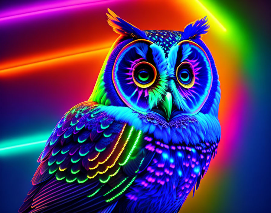 Neon-colored owl with intricate patterns on feathers against radiant, multi-colored light beams