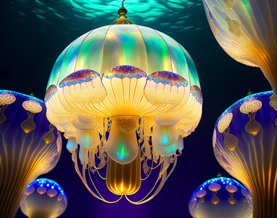 Elaborate Jellyfish-Shaped Chandelier Amid Glowing Lights