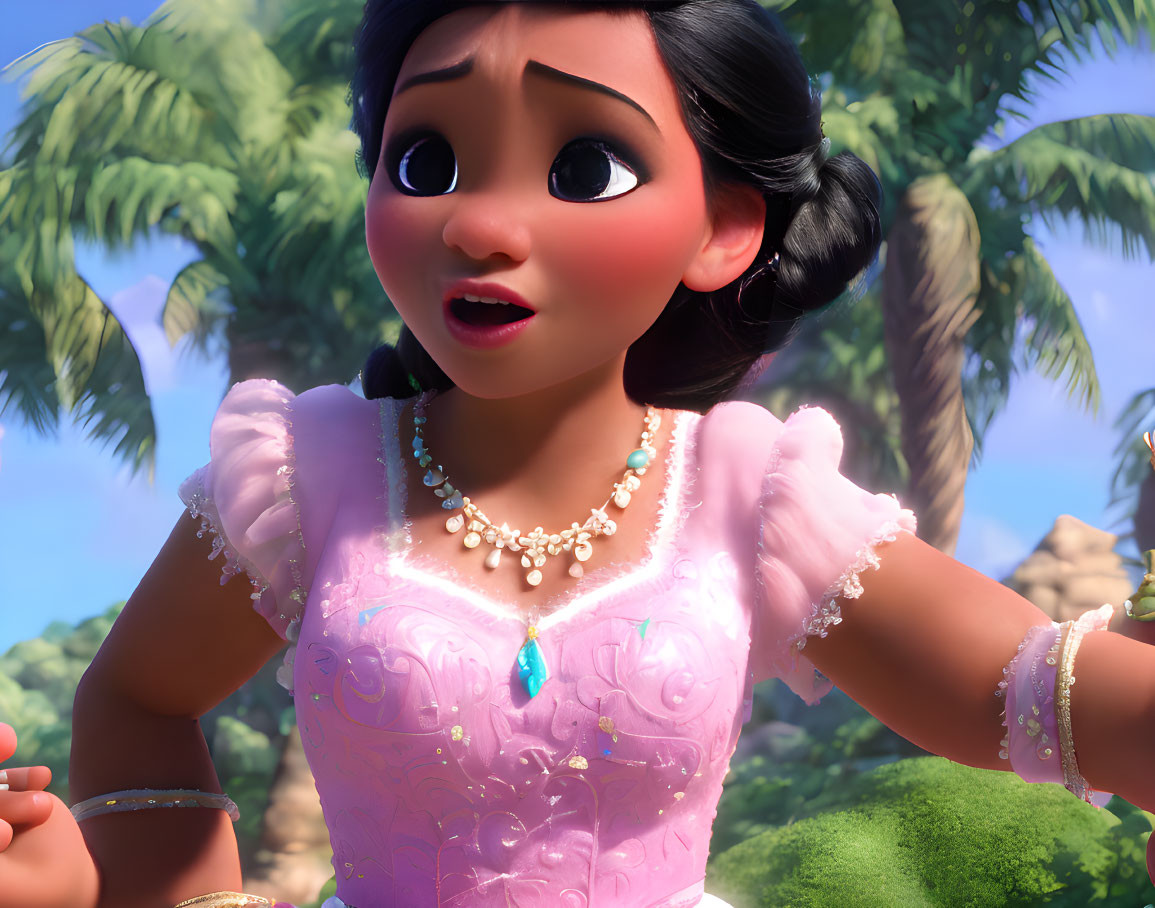 Animated girl with large eyes in pink dress against tropical backdrop