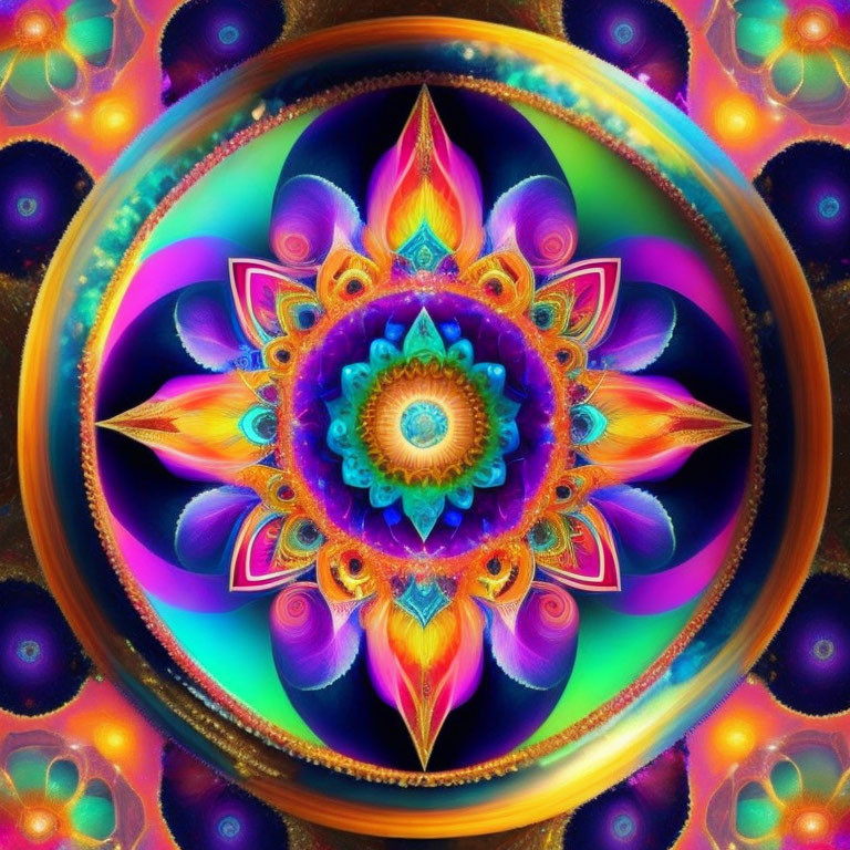 Colorful Symmetrical Mandala with Neon Petal Patterns on Psychedelic Background