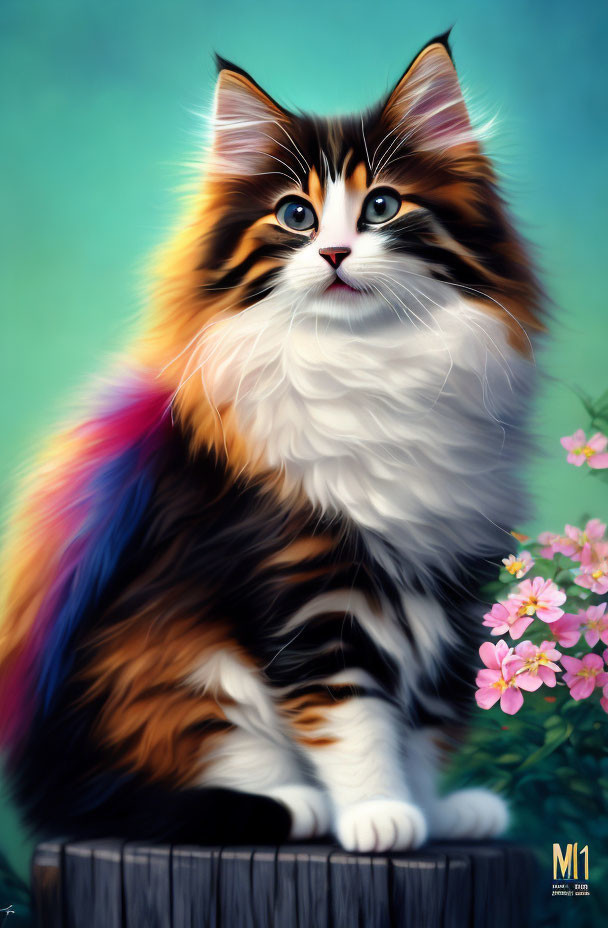 Colorful Long-Haired Cat Artwork with Blue Eyes and Floral Background