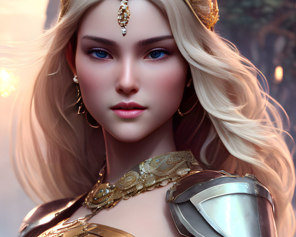 Blond-Haired Female Character in Golden Crown and Armor Against Forest Backdrop