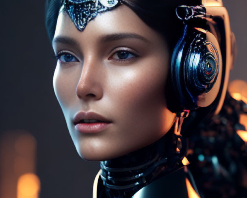 Futuristic female humanoid in black armor with robotic headset and metallic facial piece.