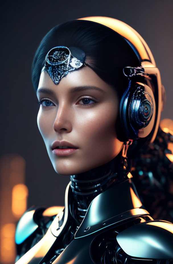 Futuristic female humanoid in black armor with robotic headset and metallic facial piece.