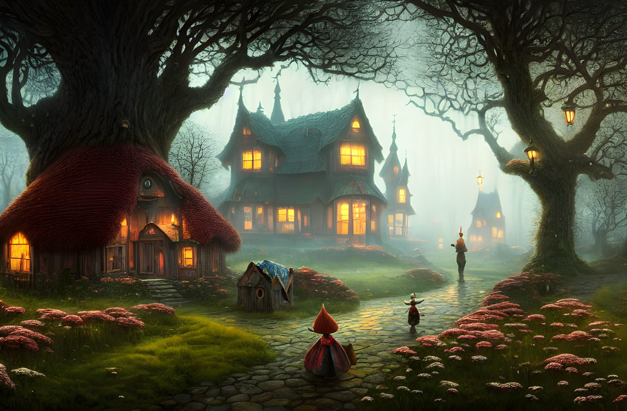 Enchanting forest scene with whimsical house, lanterns, character in red cloak, rabbit,