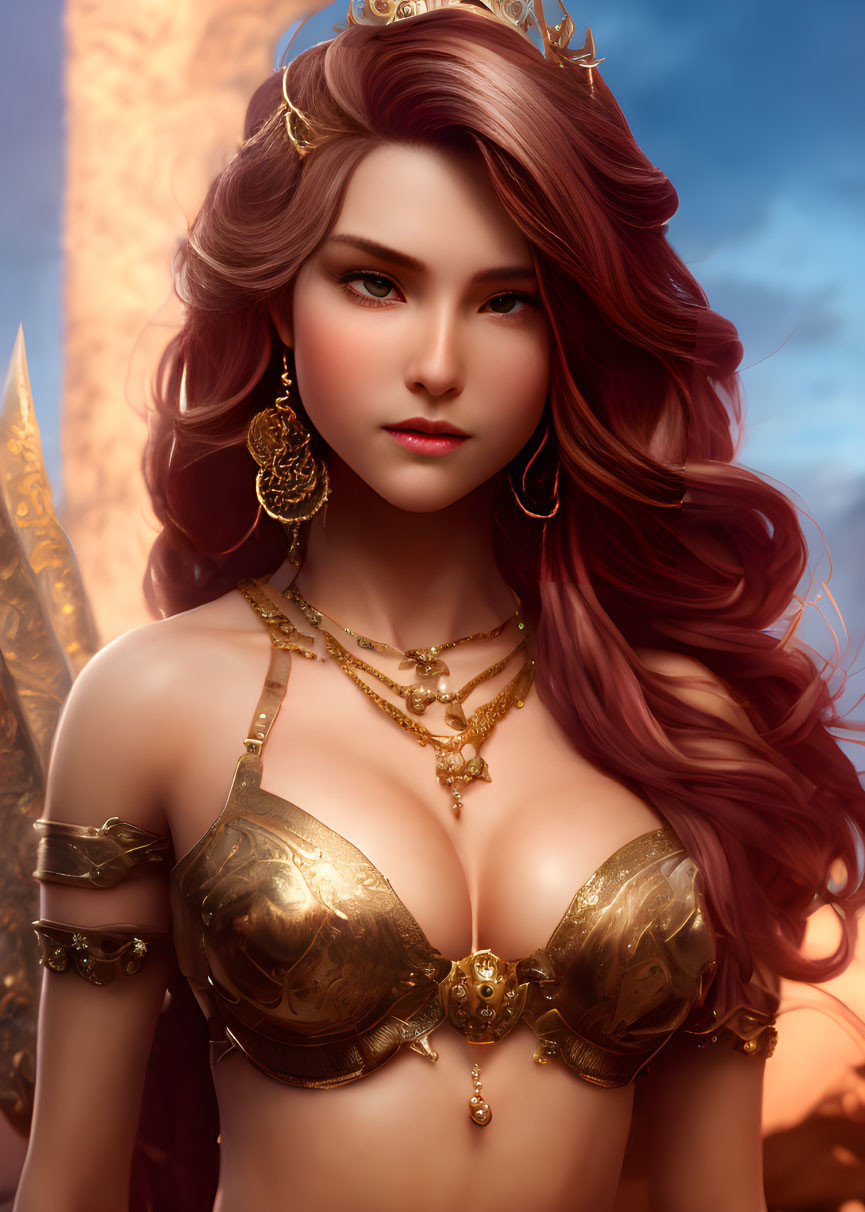 Regal Female Character with Red Hair and Golden Jewelry in Brass Armor Corset