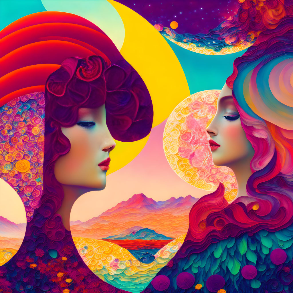 Stylized female figures with colorful swirling hair and celestial background.