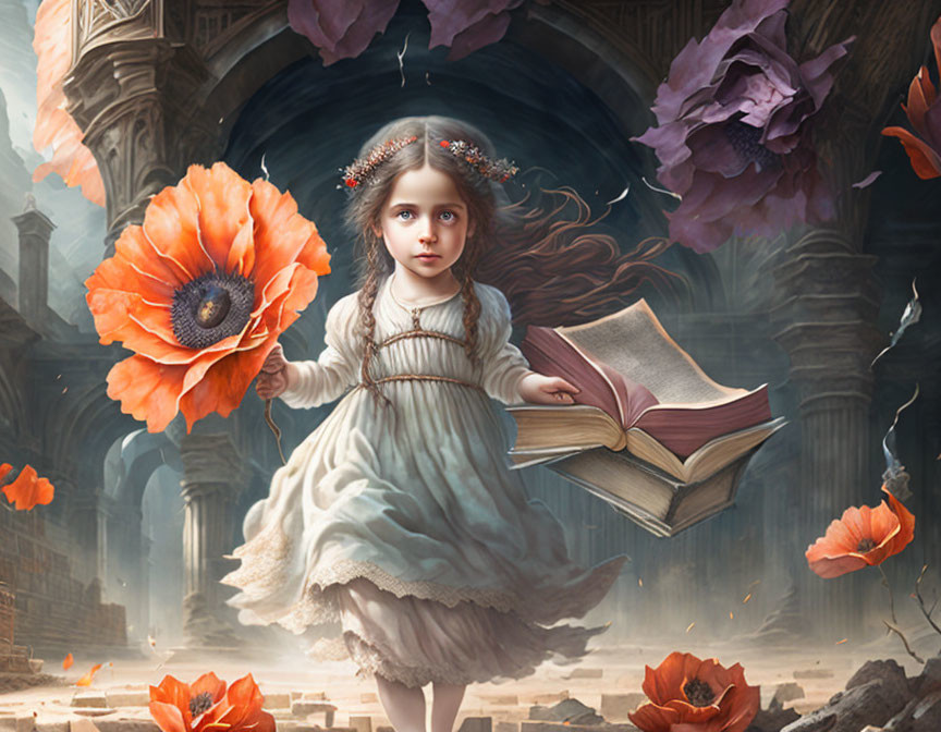 Young girl in vintage dress surrounded by floating books and oversized flowers in whimsical scene