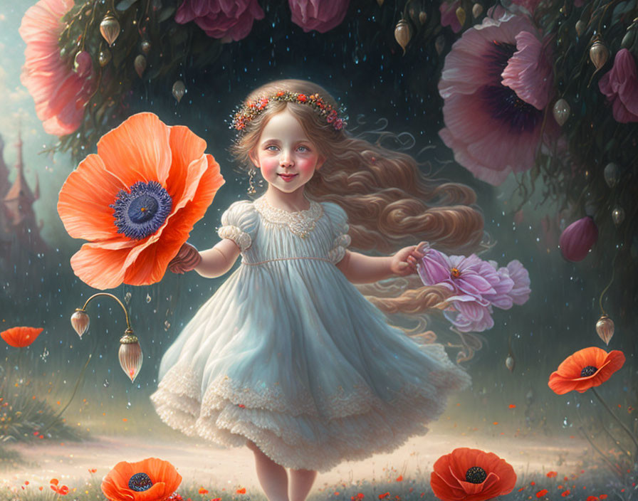 Young girl in blue dress running through oversized poppies field