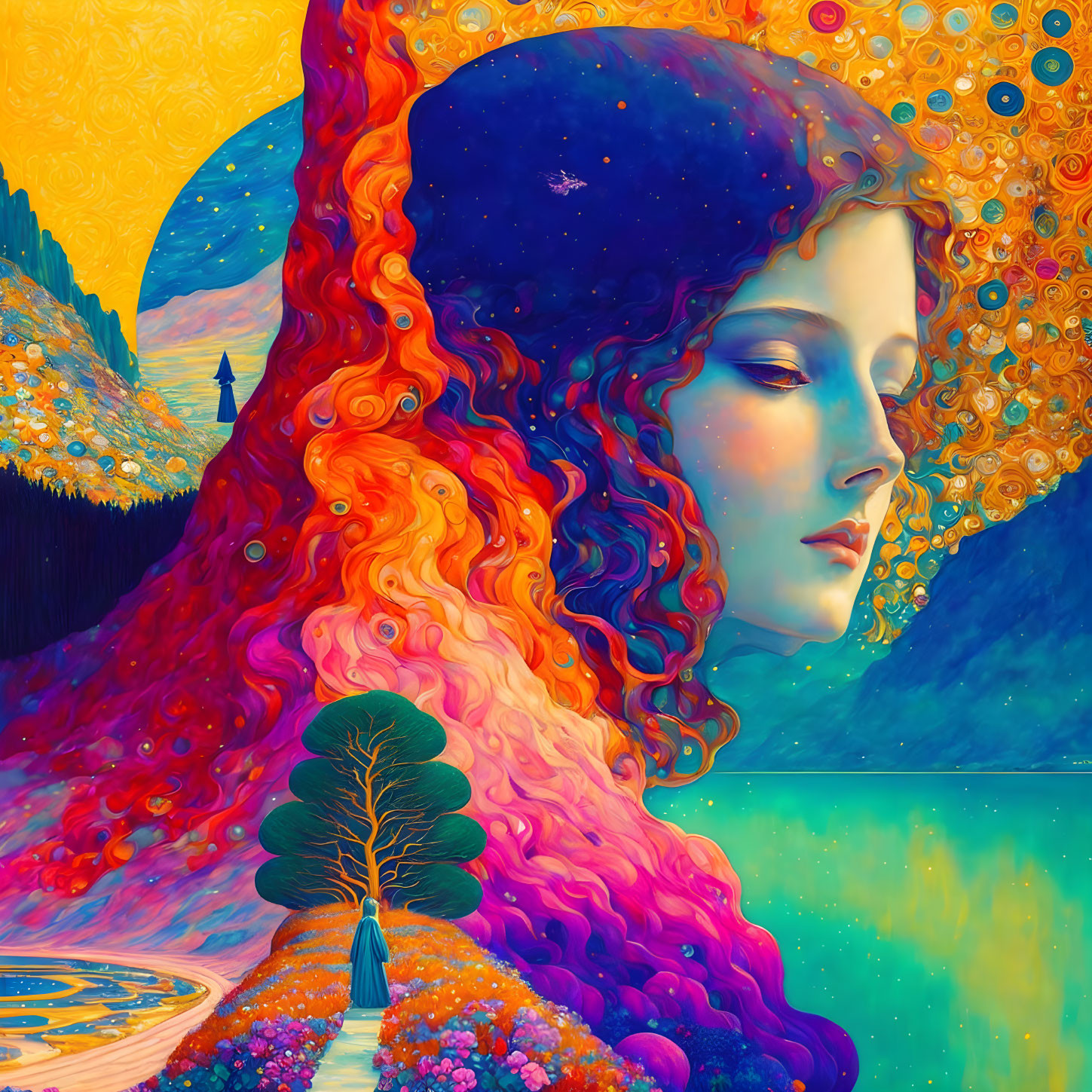 Colorful Woman's Profile Blended with Psychedelic Landscape