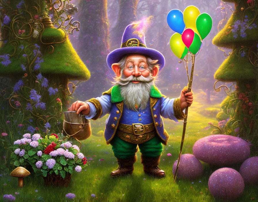 Colorful Balloon-Holding Gnome in Magical Forest