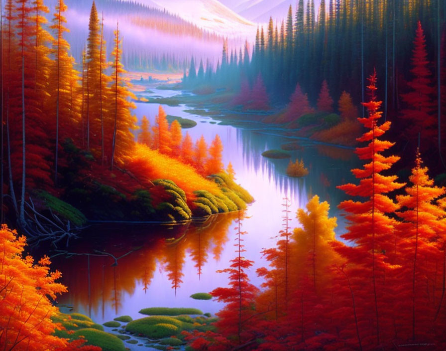 Tranquil autumn landscape with vibrant trees by river under purple sky