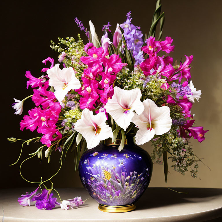 Pink and White Flower Bouquet in Blue Vase with Gold Accents