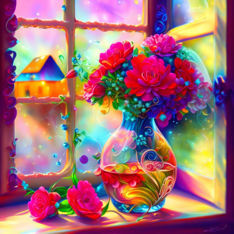 Colorful Vase with Vibrant Red Roses by Window overlooking Fairy-Tale Landscape