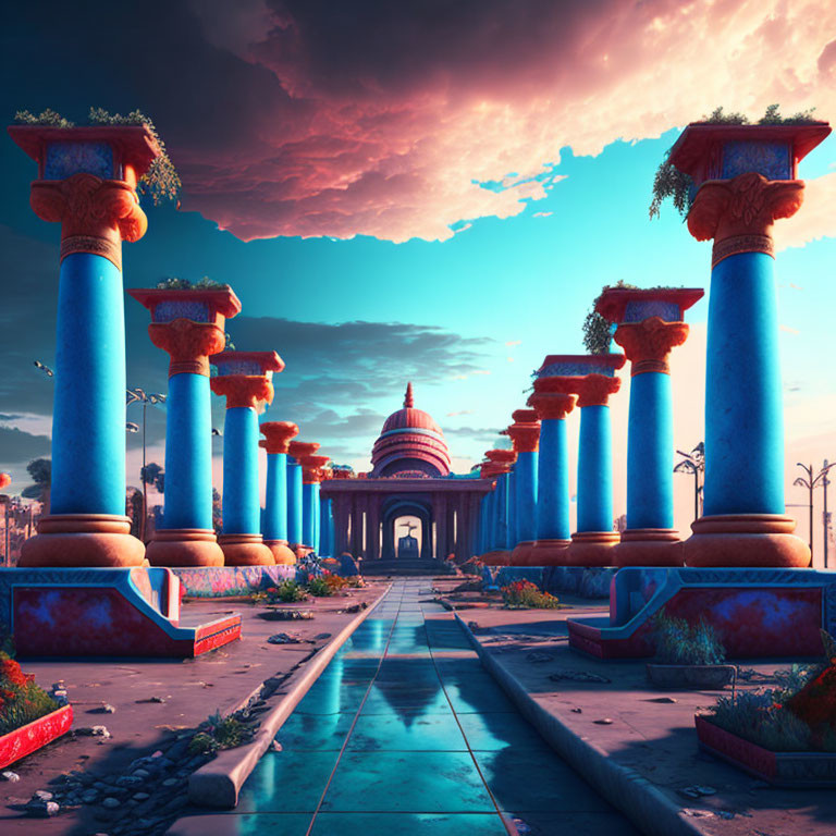 Surreal landscape with blue pillars and grand dome under pink sky