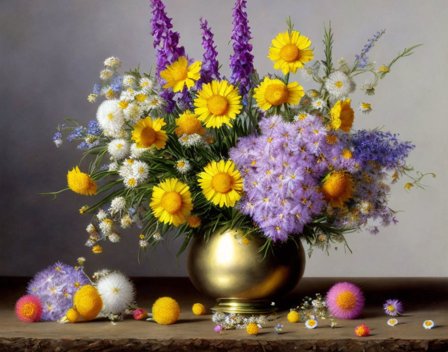 Colorful Flower Bouquet in Golden Vase on Muted Background