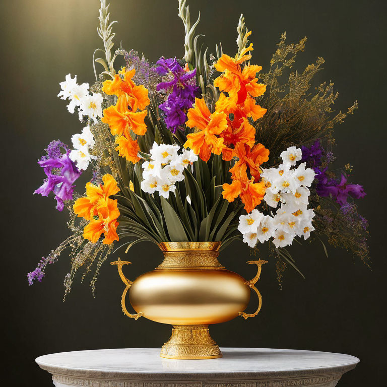 Orange and Purple Flowers in Golden Vase on White Pedestal