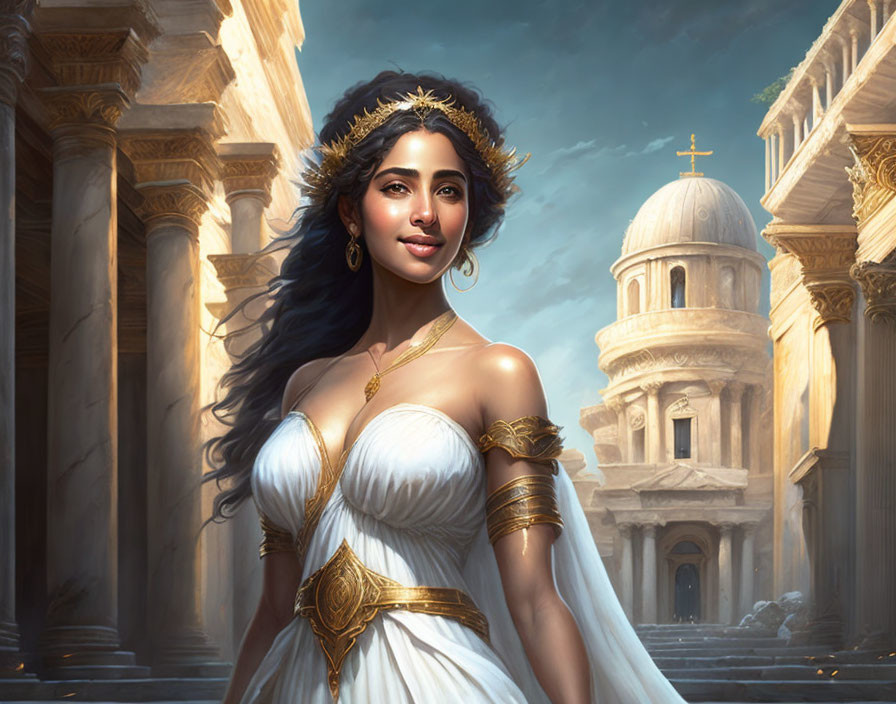 Classic Architecture: Elegant Woman in White Toga with Golden Accents