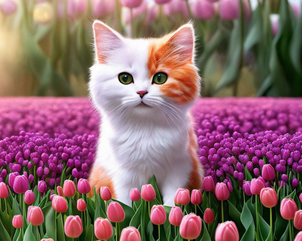 White and Orange Cat with Green Eyes Among Colorful Tulip Flowers