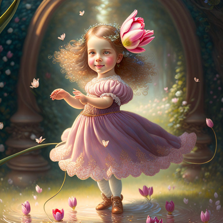 Young girl in purple dress in magical garden with floating flowers and butterflies holding giant tulip