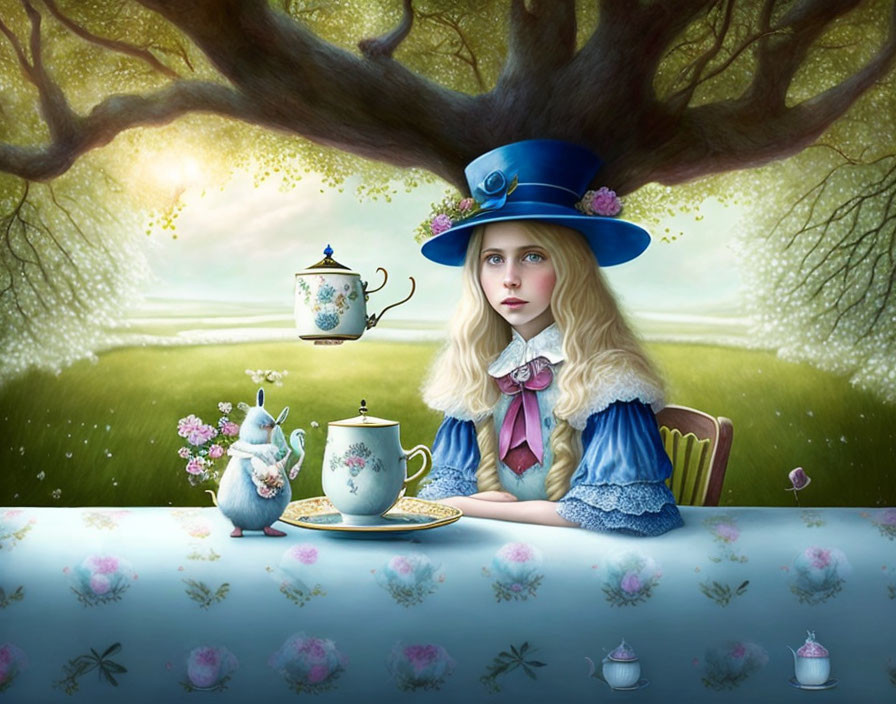 Woman in blue dress and oversized hat with surprised mouse at tea table in whimsical grassy scene