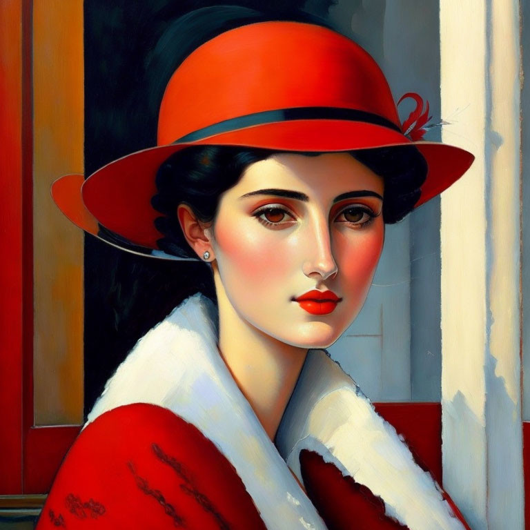 Portrait of Woman in Red Hat and White Coat on Geometric Background