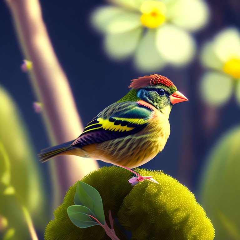 Vibrant bird with red beak and colorful feathers on branch with yellow flowers