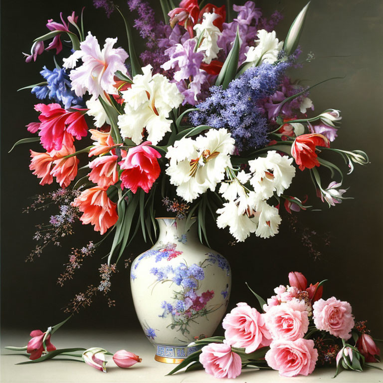 Colorful Flower Bouquet in Blue and White Vase on Dark Background