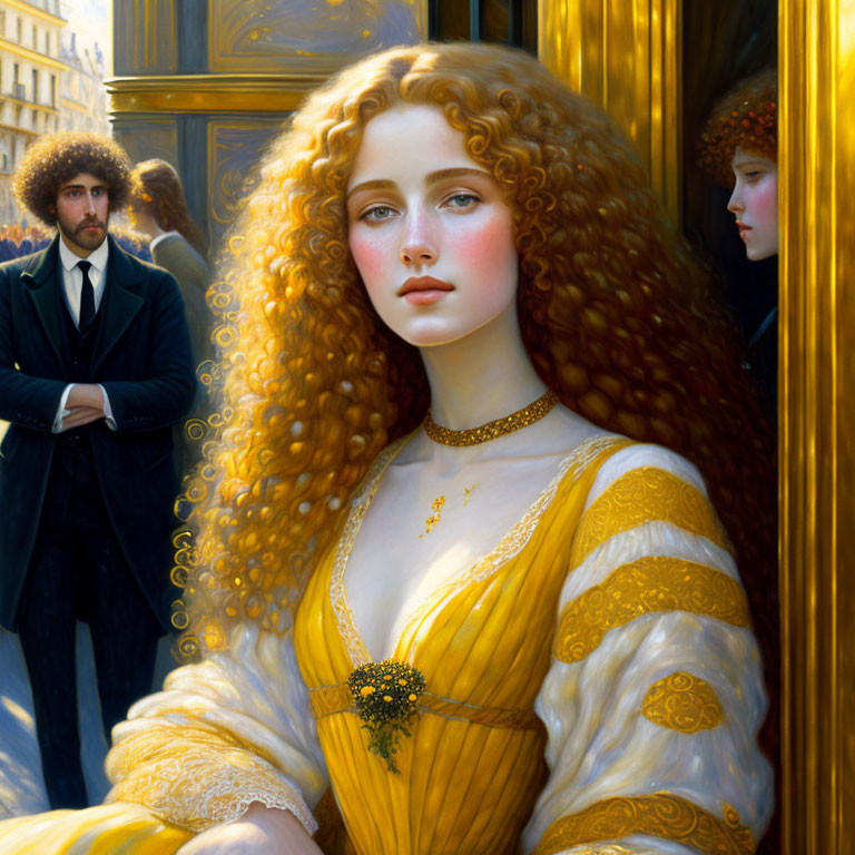 Portrait of young woman with curly red hair in yellow dress by reflective door.