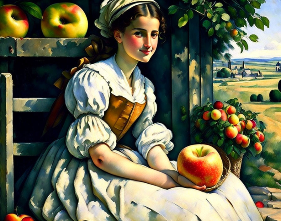 Traditional dress young woman with apple in rural landscape