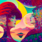 Stylized female figures with colorful swirling hair and celestial background.