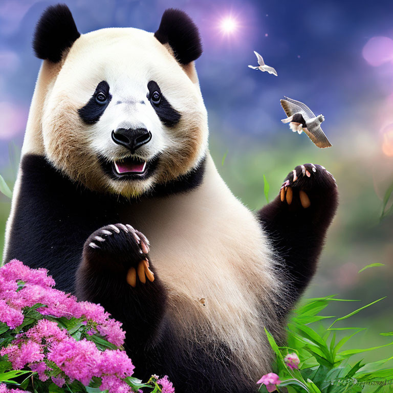 Cheerful panda with hummingbirds in pink flower garden.