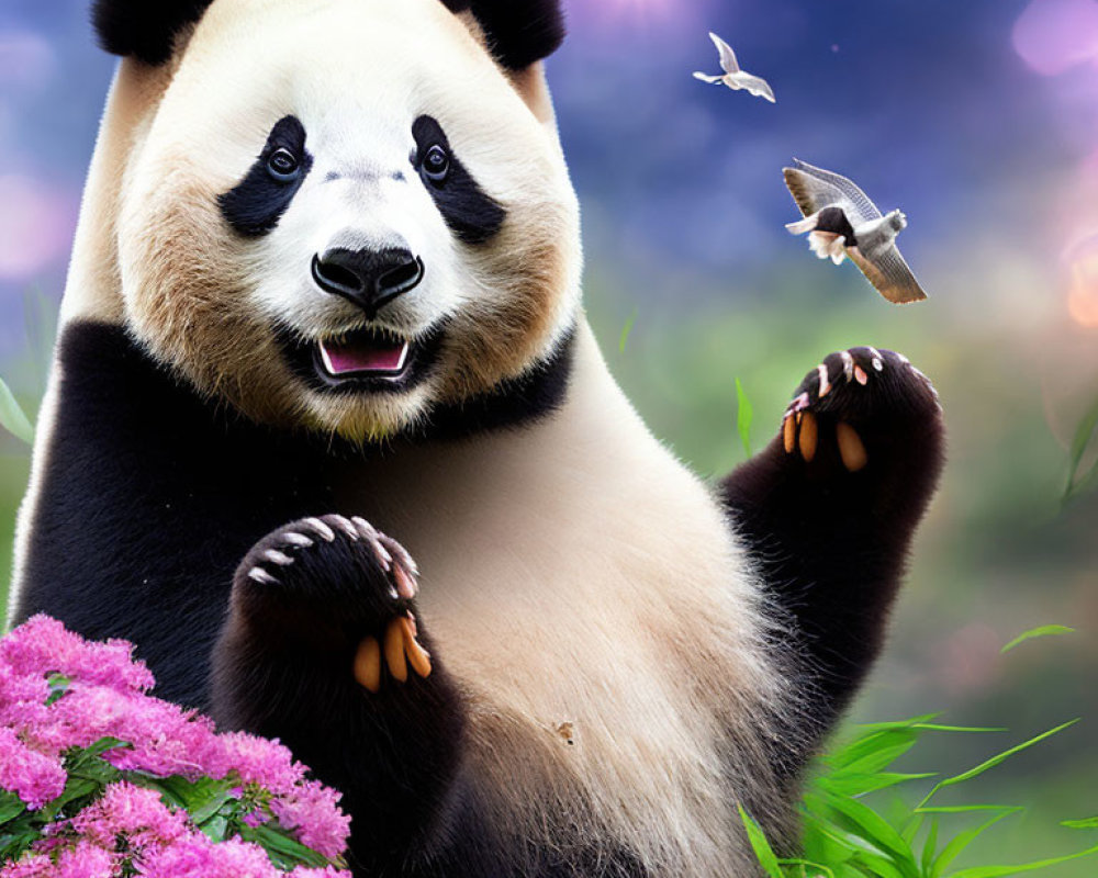 Cheerful panda with hummingbirds in pink flower garden.