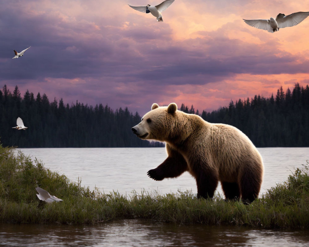 Bear near water with flying birds, forest backdrop, twilight sky