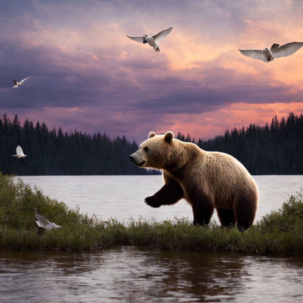 Bear near water with flying birds, forest backdrop, twilight sky