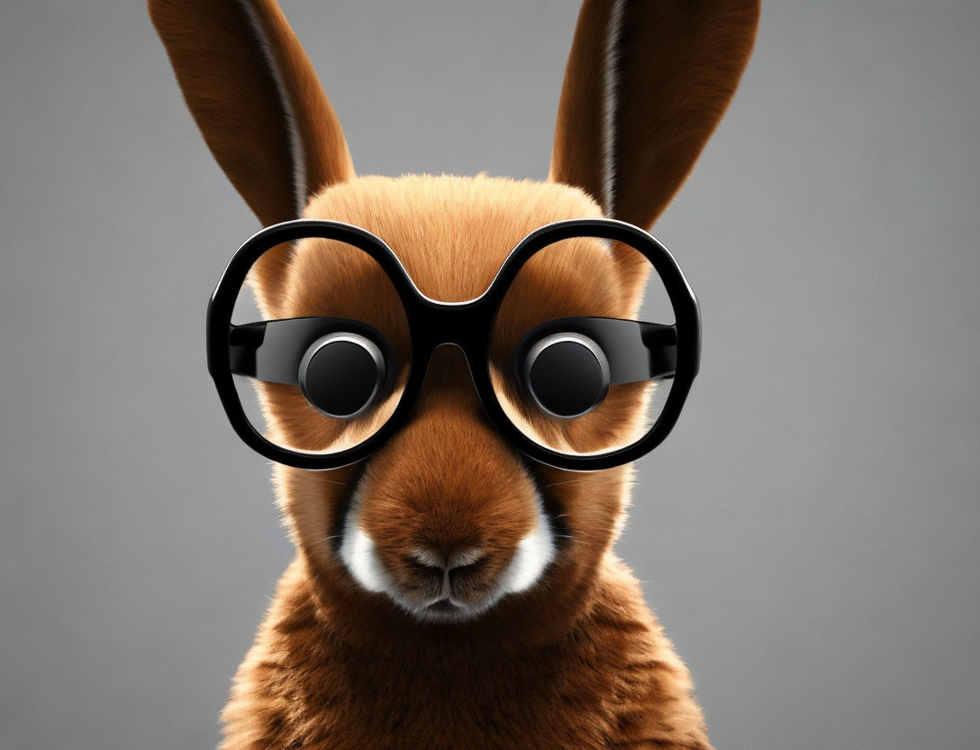 Brown rabbit with large ears in oversized round black glasses on gray background