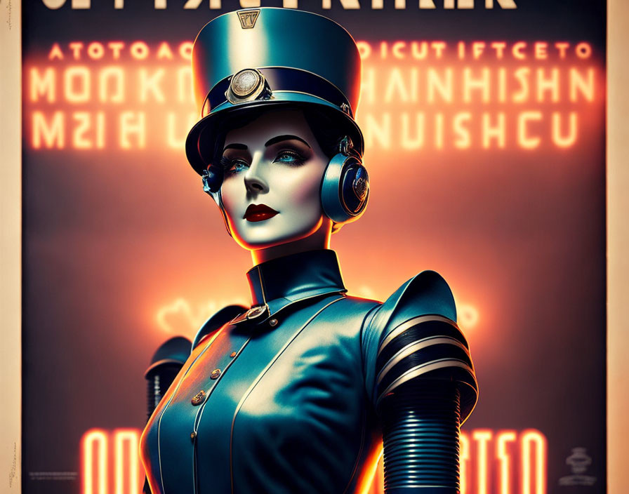 Female robot in blue uniform and cap on ornate golden backdrop with Cyrillic letters.