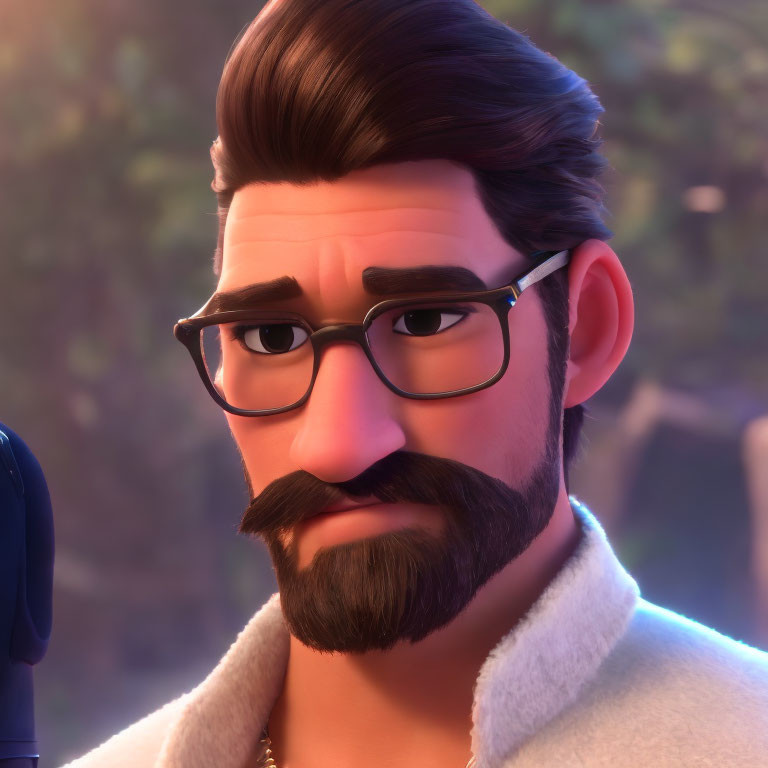 3D animated male character with beard, mustache, and glasses in serious expression