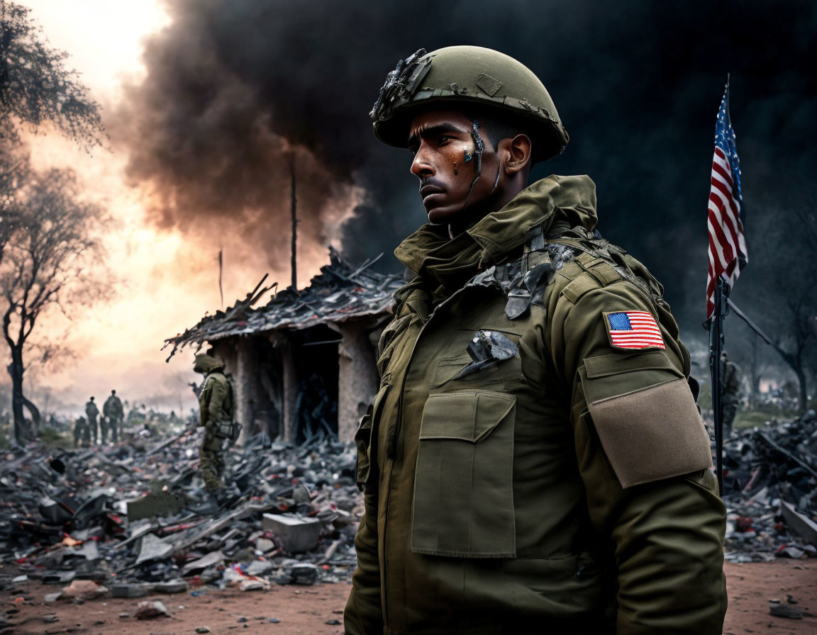 Soldier in Combat Gear Amid Devastation and Burning American Flag