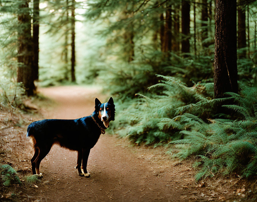 Black Dog with Blue Collar Stands on Forest Trail amid Tall Trees