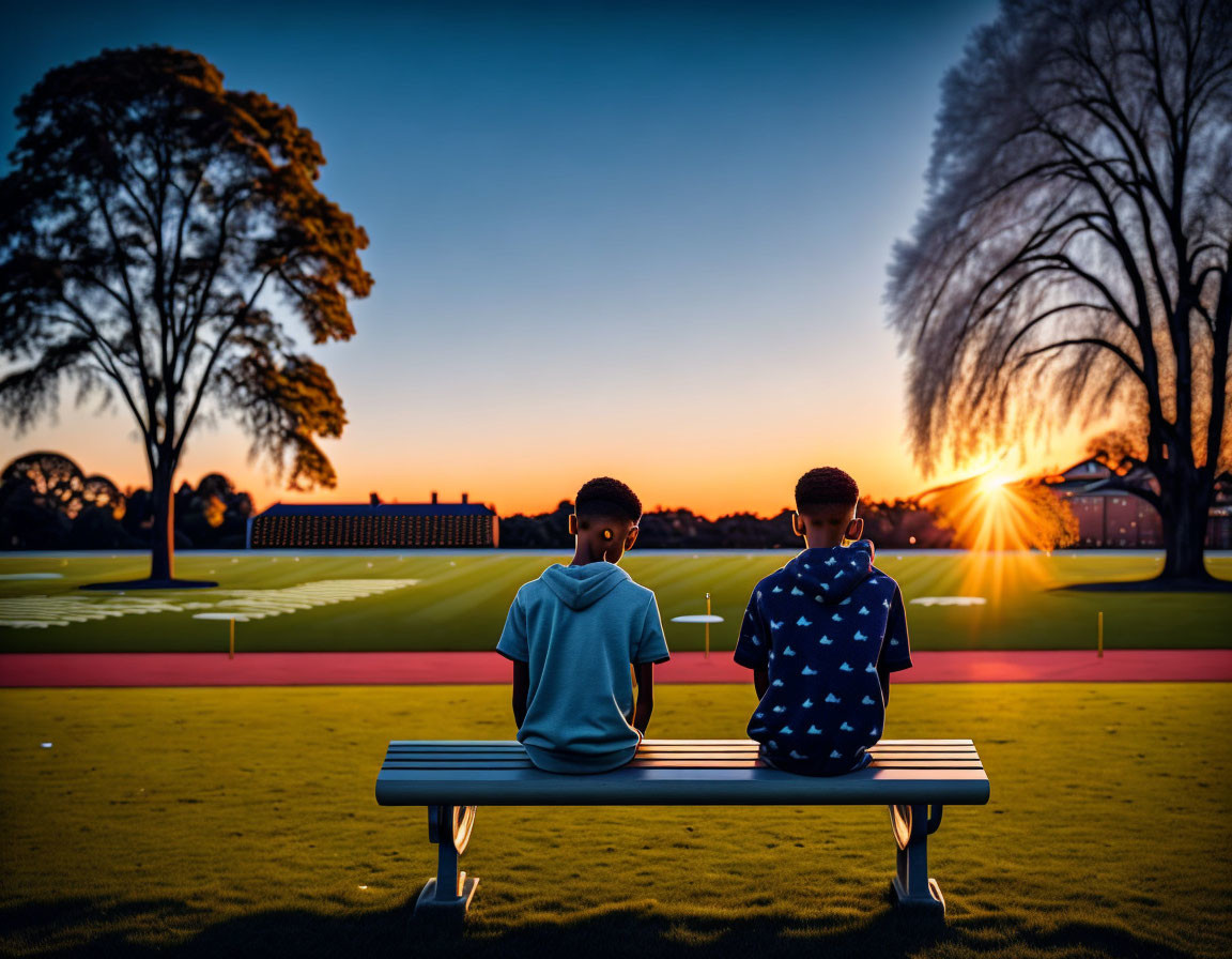 Silhouetted figures on bench under vibrant sunset.