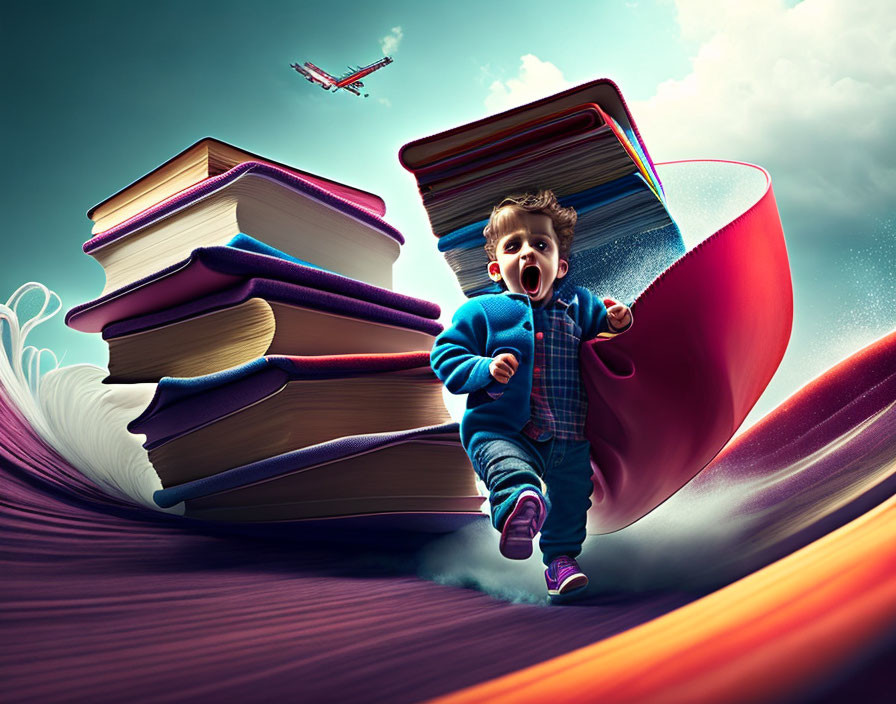 Energetic child with oversized books in whimsical setting